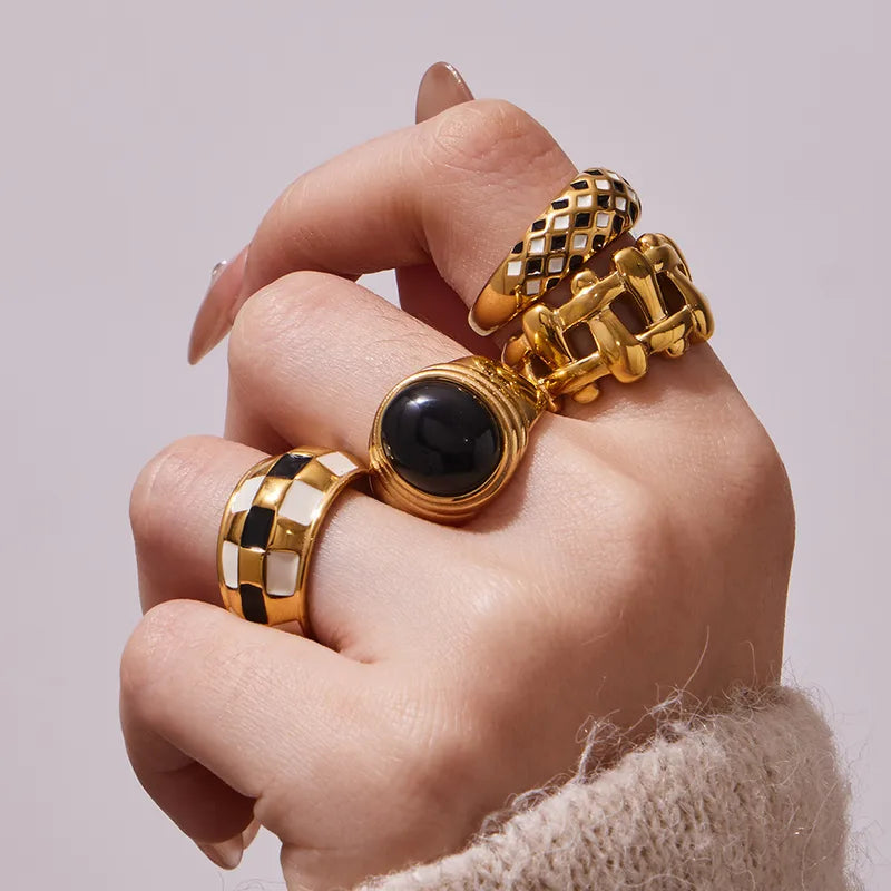 Tarnish-Free Stainless Steel Bold Enamel Checkered Statement Ring