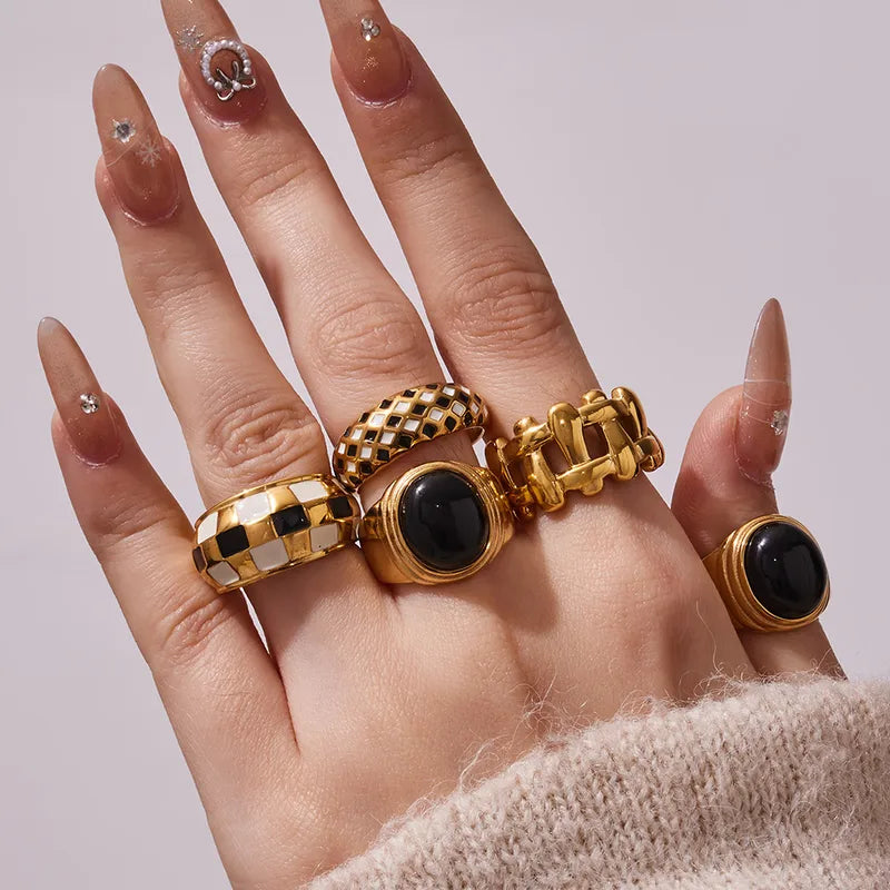Tarnish-Free Stainless Steel Bold Enamel Checkered Statement Ring