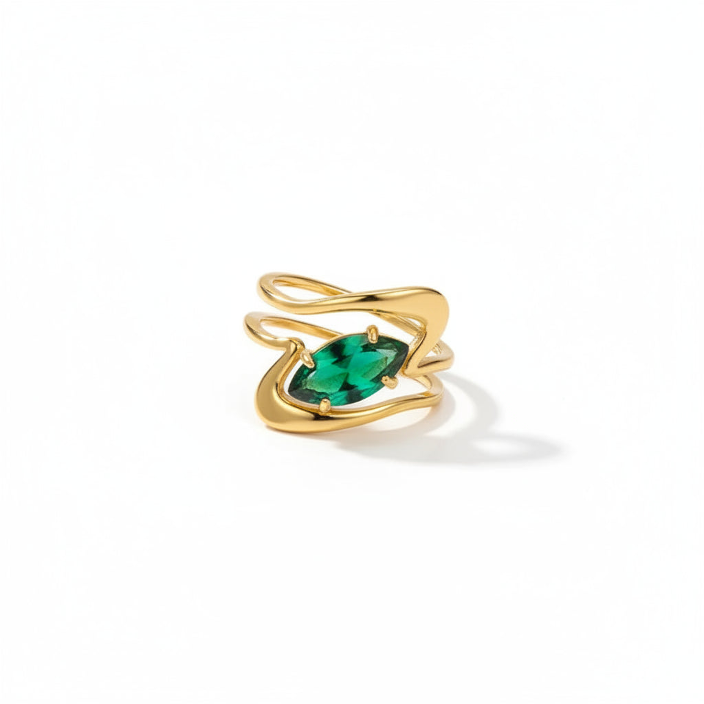 The Esme Waterproof 18K Gold Emerald Pear Bypass Ring