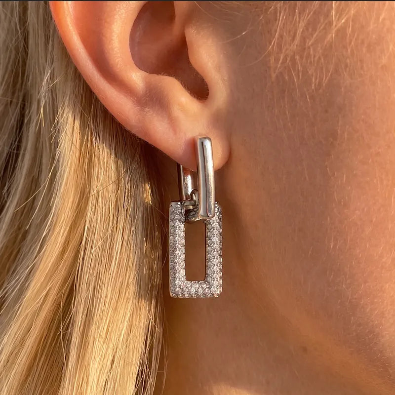 Geometrical Pave Link Drop Earrings – 18K Gold Plated Waterproof Stainless Steel