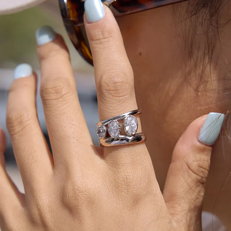 The Trio-Oval Waterproof 18K Gold Chunky Triple-Stone Ring