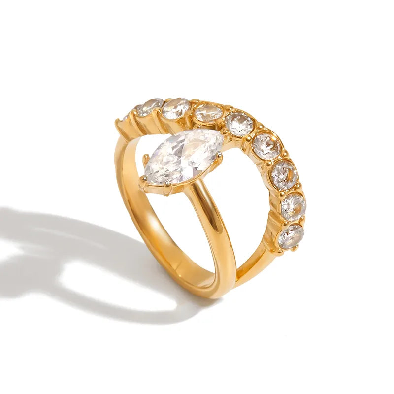 Tarnish-Free Stainless Steel Dual-Band Oblique Crystal Ring