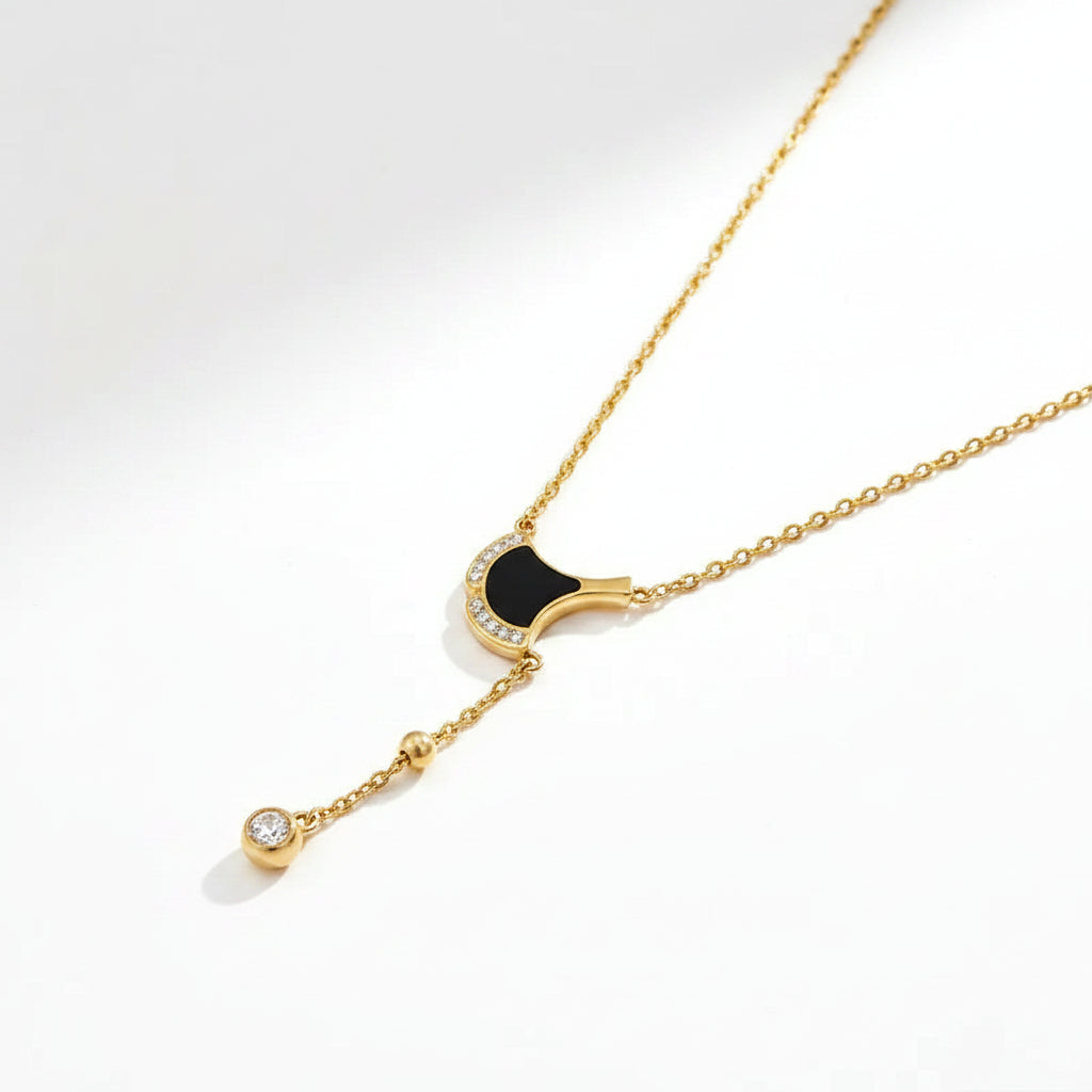 The Noir Ginkgo Crystal Drop Y-Necklace