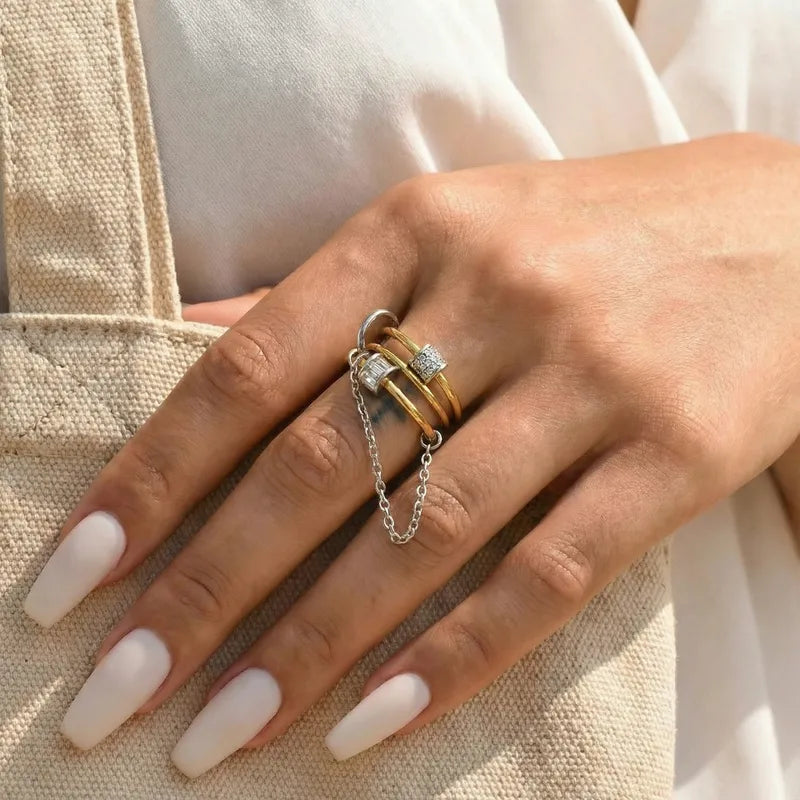 Interlinked Multi-Band Statement Ring with Zircon Accents & Chain Detail – 18K Gold Plated Waterproof Stainless Steel