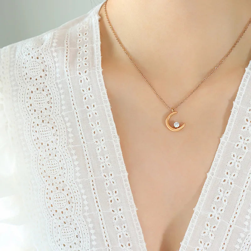 Zircon Inlay Stainless Steel Celestial Moon Choker