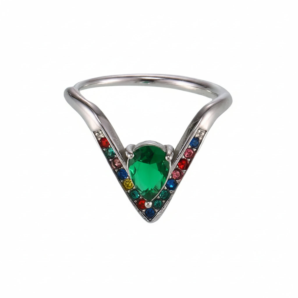 The Iris Waterproof 18K Gold Rainbow V-Shape Wishbone Ring