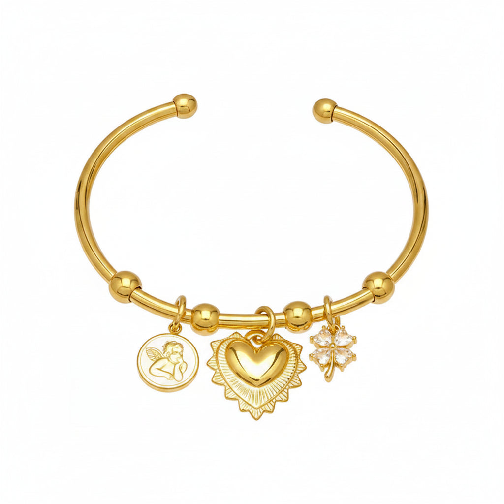 The Amara Beveled C-Shape Non-Tarnish Heart Charm Cuff