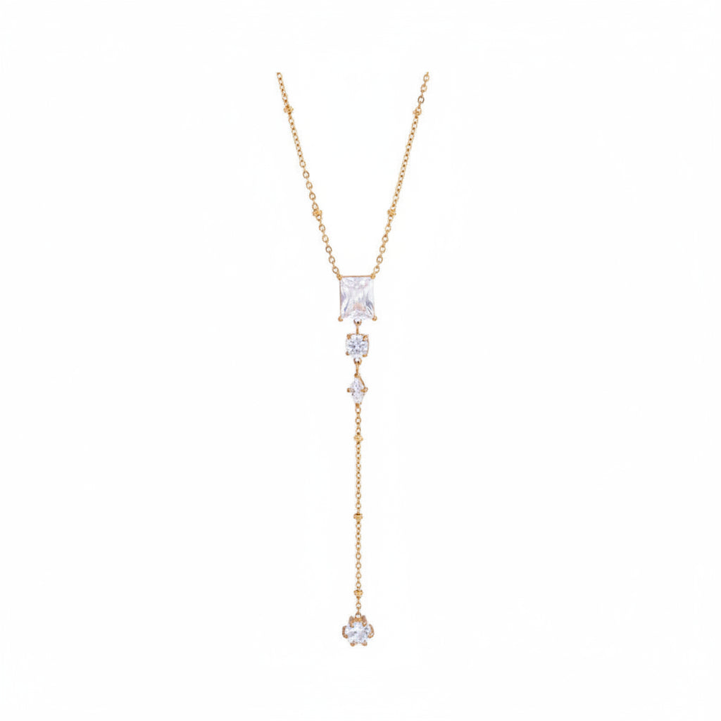 The Aria PVD Gold Linear Crystal Statement Lariat