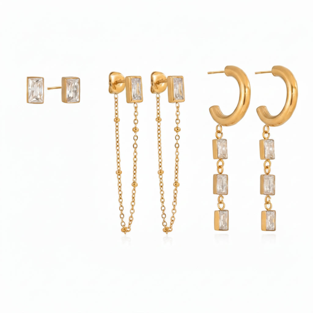 arnish-Free Stainless Steel Baguette Crystal Multi-Piercing Trio
