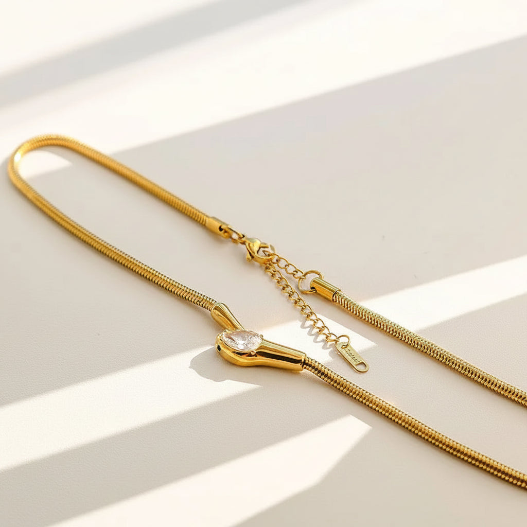Multi-Row Tarnish-Free Serpent Pendant & Zircon Drop Choker