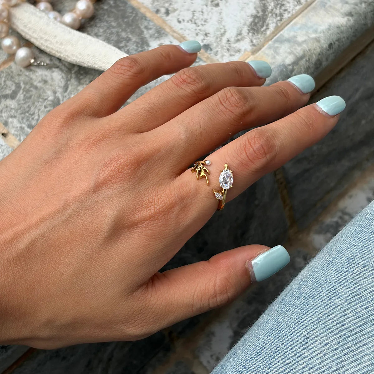 Tarnish-Free Stainless Steel Pearl & Zircon Siren Open Ring