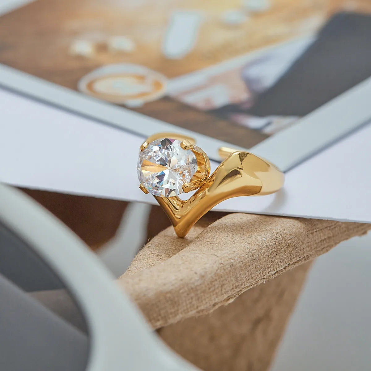Tarnish-Free Stainless Steel Bold V-Shaped Oversized Crystal Ring