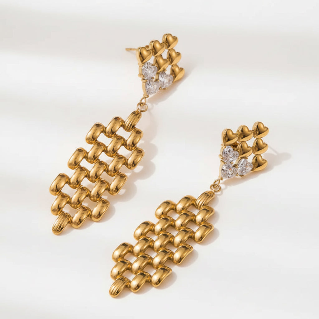 Modern Textured Mesh Statement Drop Earrings with Sparkling Zircon