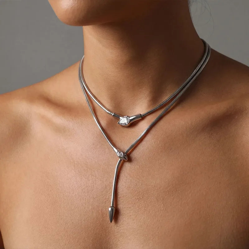 Multi-Row Tarnish-Free Serpent Pendant & Zircon Drop Choker