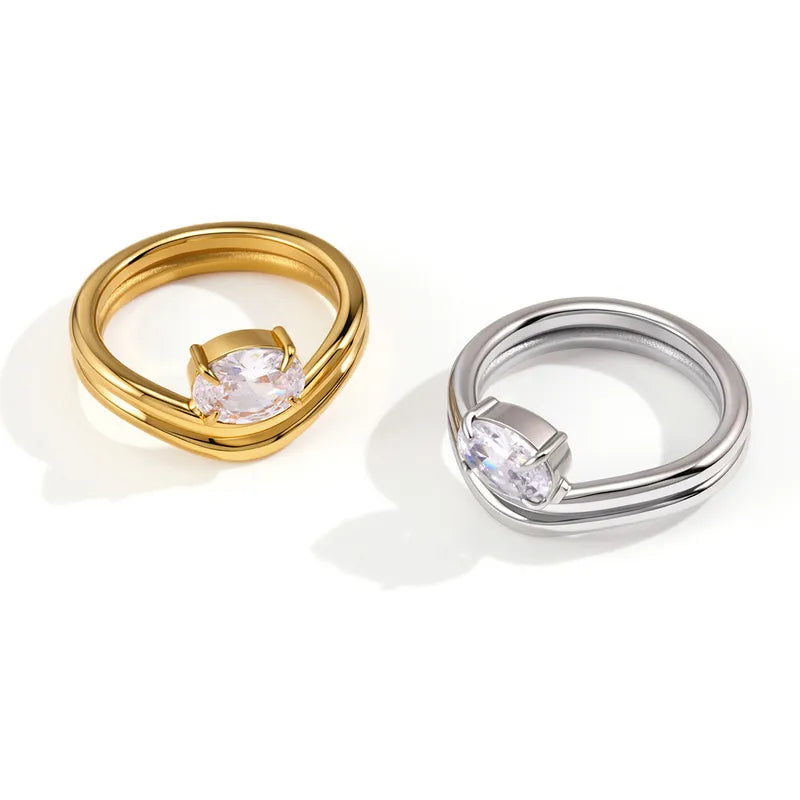 Tarnish-Free Stainless Steel Layered Wave Zircon Ring