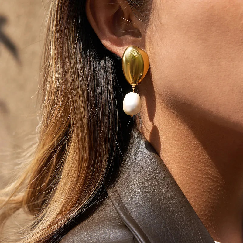 Tarnish-Free Stainless Steel Sculptural Molten Gold Pearl Studs