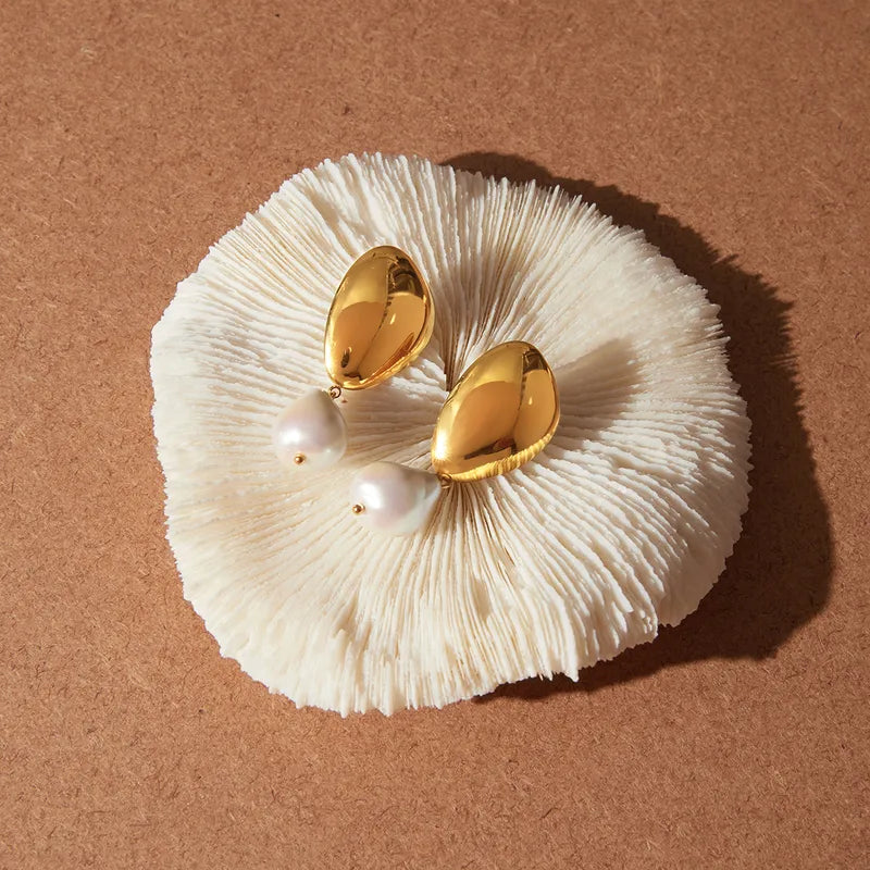Tarnish-Free Stainless Steel Sculptural Molten Gold Pearl Studs