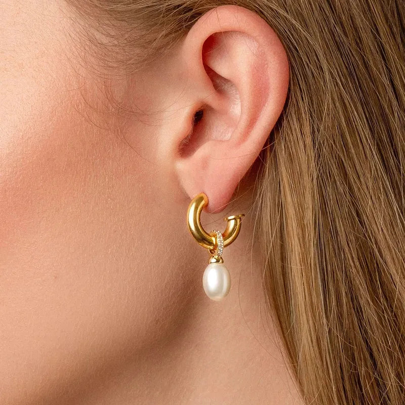 The Versailles 18K Gold PVD Coated Rhinestone and Pearl Hoop Earrings