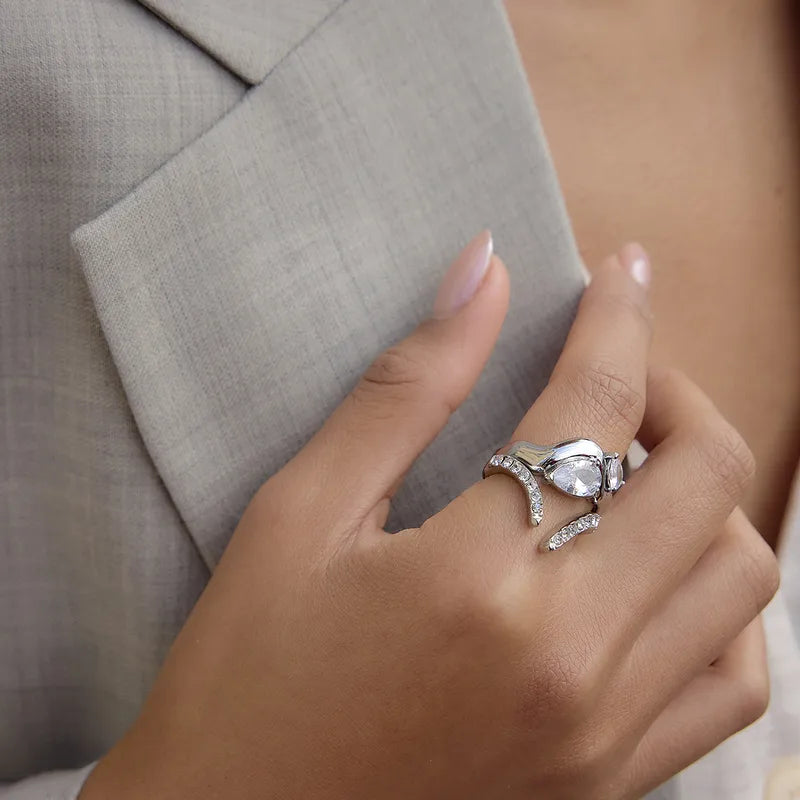 Tarnish-Free Stainless Steel Open Cuff Teardrop Zircon Ring