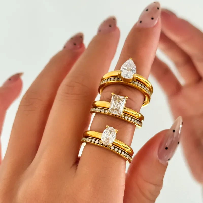 Tarnish-Free Stainless Steel Floating Dual-Crystal Open Ring