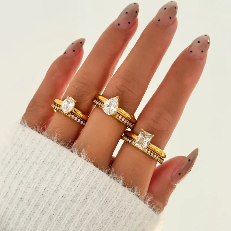 Tarnish-Free Stainless Steel Floating Dual-Crystal Open Ring