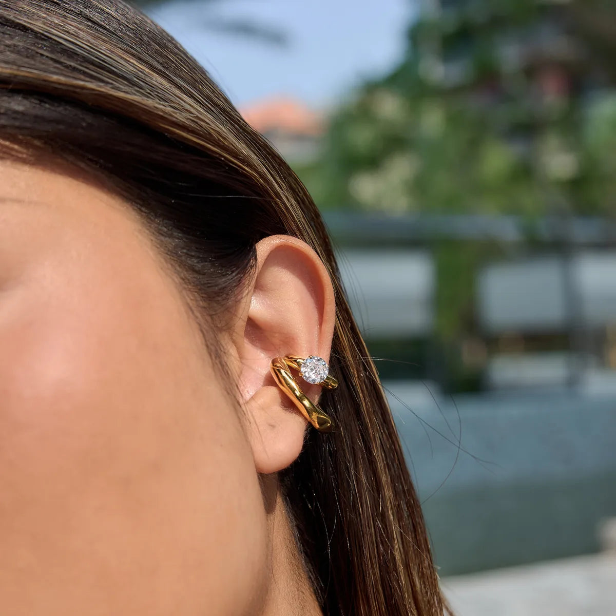 18K Gold Plated C-Shape Zircon Ear Cuff – Waterproof Chunky Clip-On Earrings