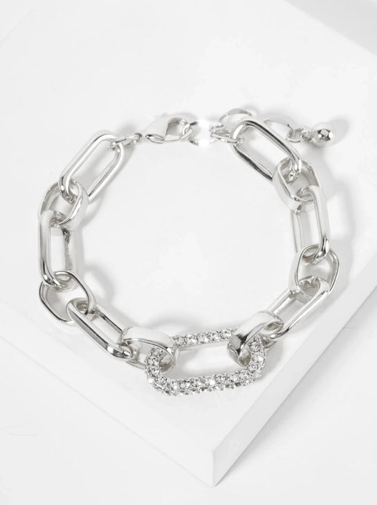 Cz Stone Encrusted Link Accents 18K-Gold-Dipped Polished Brass Chain Bracelet
