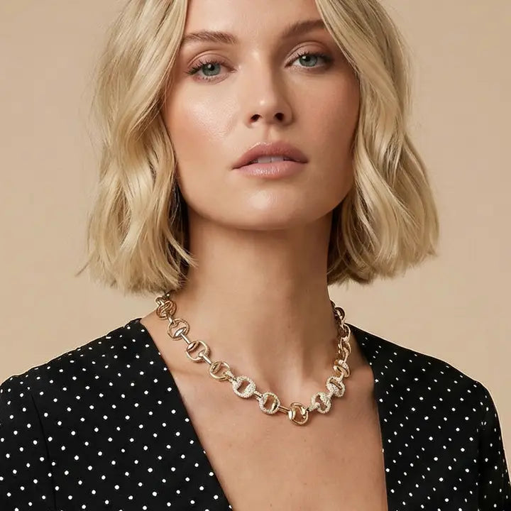 Gold Horsebit Cz Pave Link Necklace
