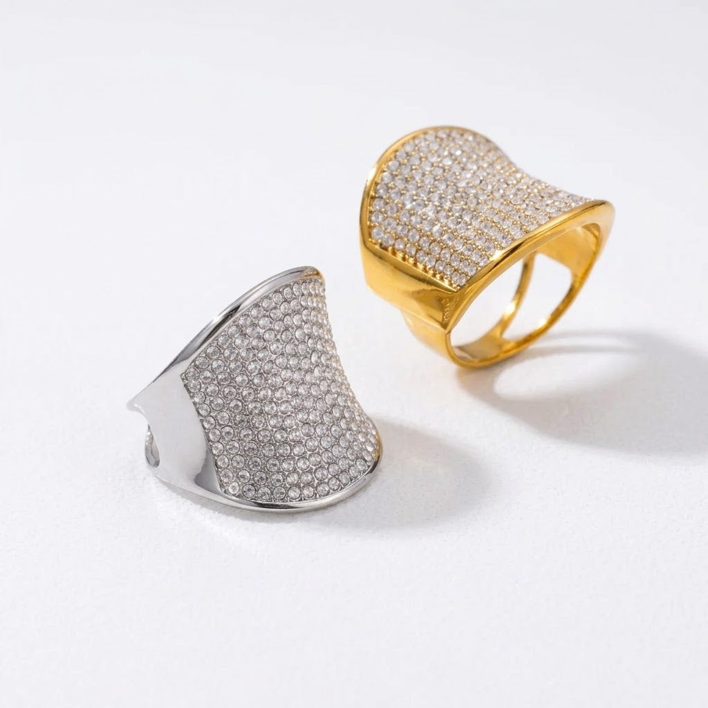 The Aurelia 18K Gold Full Pavé Iced Shield Ring