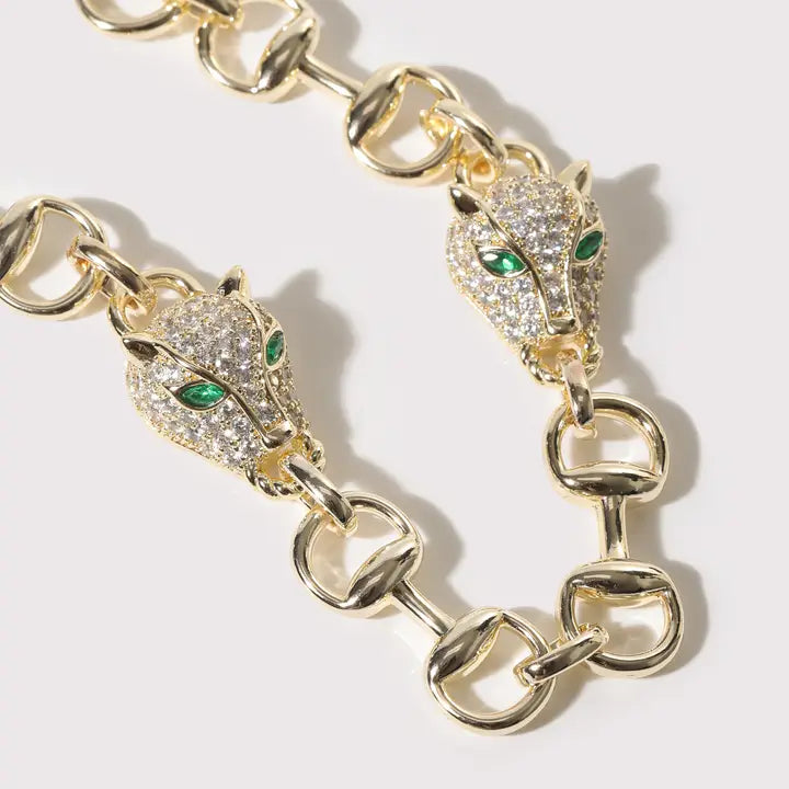 Gold Horsebit Cz Pave Panther Necklace