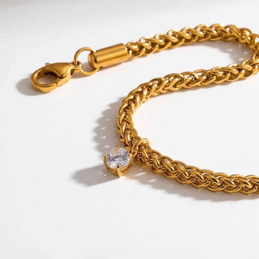 Aria Round Zircon Drop Woven Bracelet | 18K Gold PVD