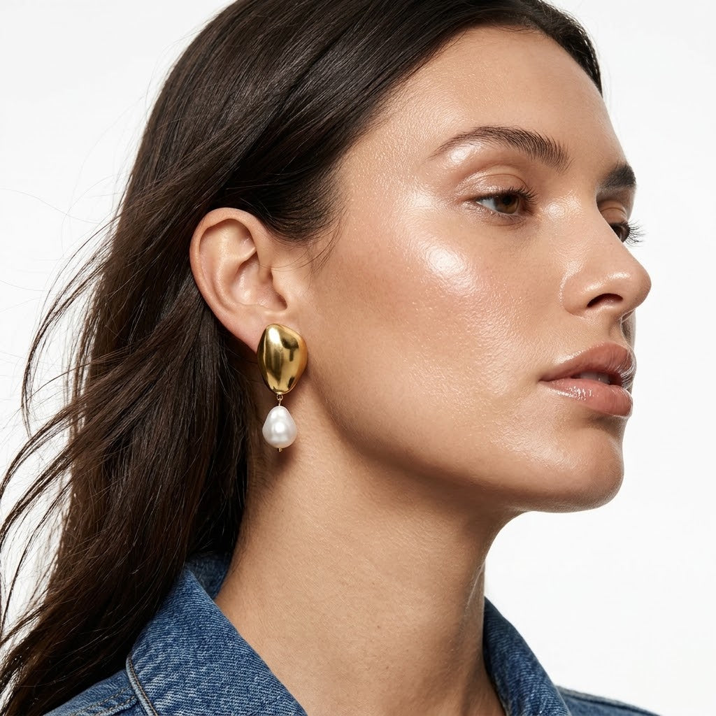 Tarnish-Free Stainless Steel Sculptural Molten Gold Pearl Studs