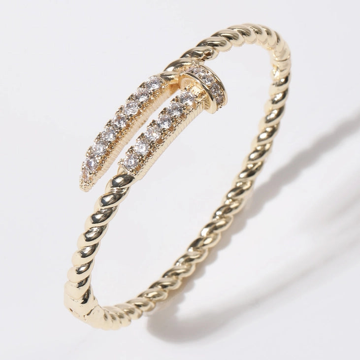 Cz Pave Edge Twisted Gold Plated Bangle Bracelet