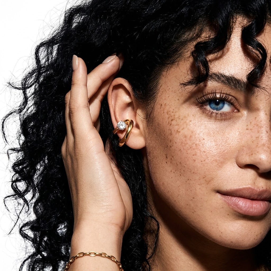 18K Gold Plated C-Shape Zircon Ear Cuff – Chunky Clip-On Earrings