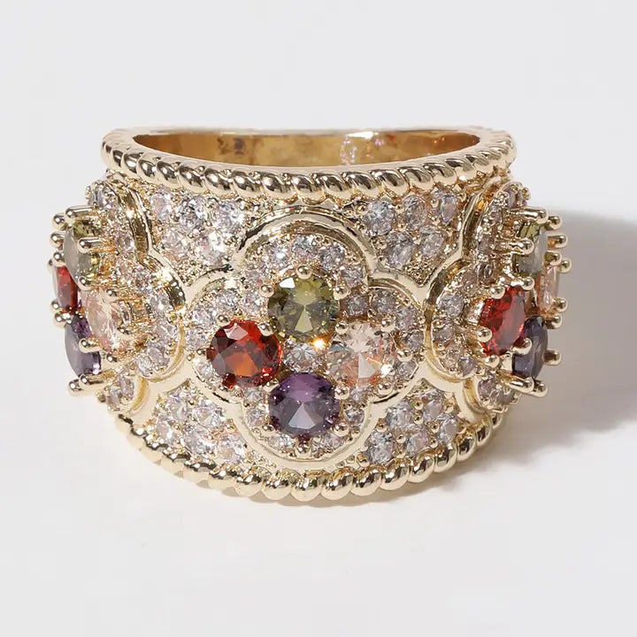 Colorful Cz Clover Wide Band Gold Plated Ring