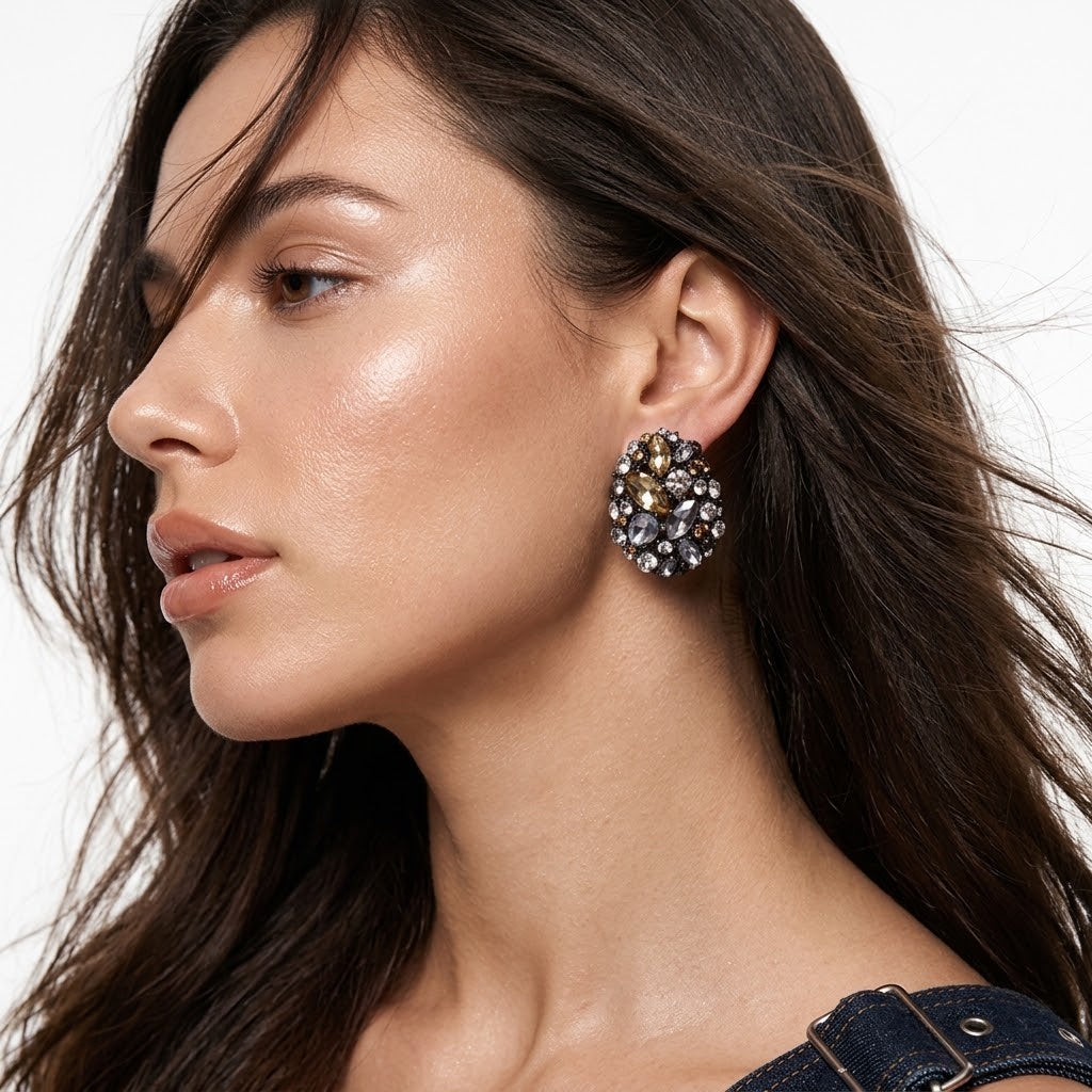 The Victoria Antique Silver Zircon Oval Studs