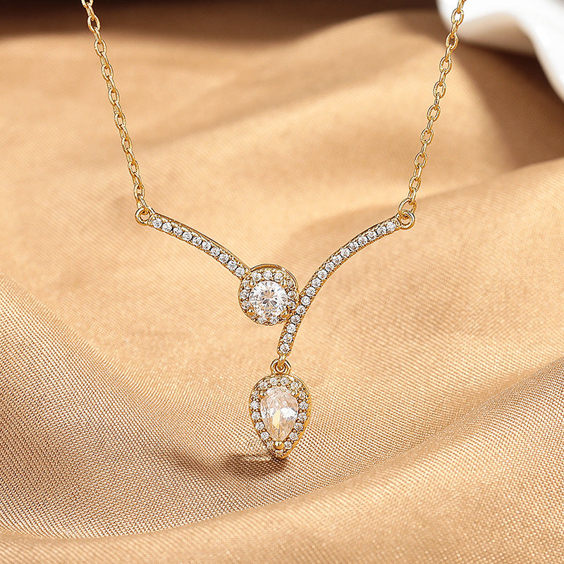 Elegant V-Shaped Drop Necklace with Micro-Inlaid Zircon