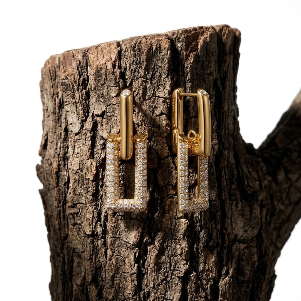 Geometrical Pave Link Drop Earrings – 18K Gold Plated Stainless Steel