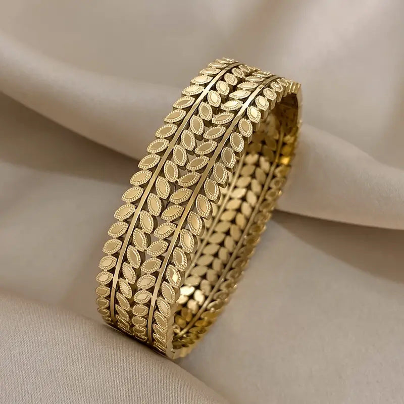 Boho Leaf Textured Wide Cuff Bracelet