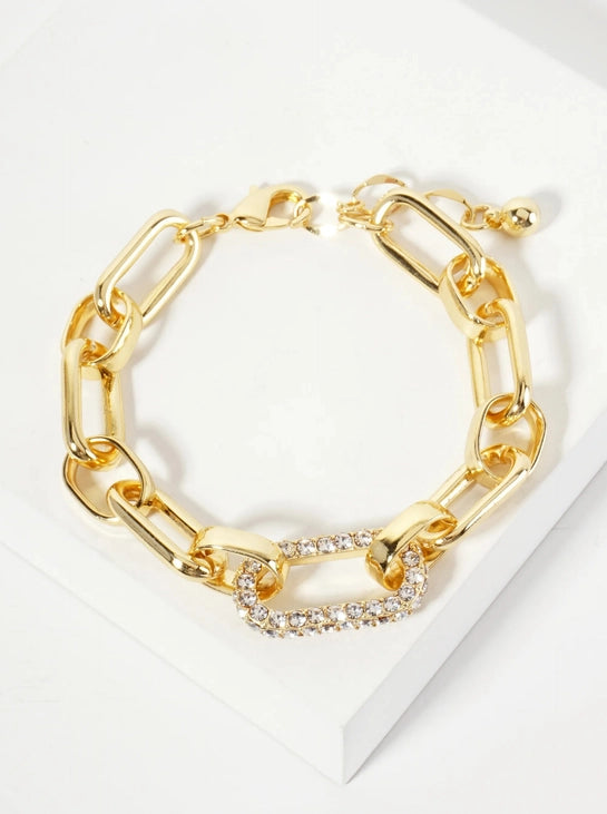 Cz Stone Encrusted Link Accents 18K-Gold-Dipped Polished Brass Chain Bracelet