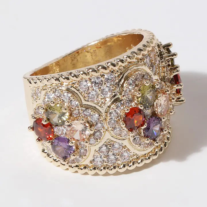 Colorful Cz Clover Wide Band Gold Plated Ring