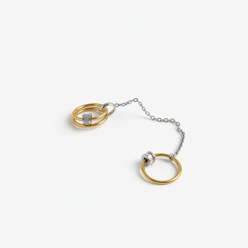 Interlinked Multi-Band Statement Ring with Zircon Accents & Chain Detail – 18K Gold Plated Stainless Steel