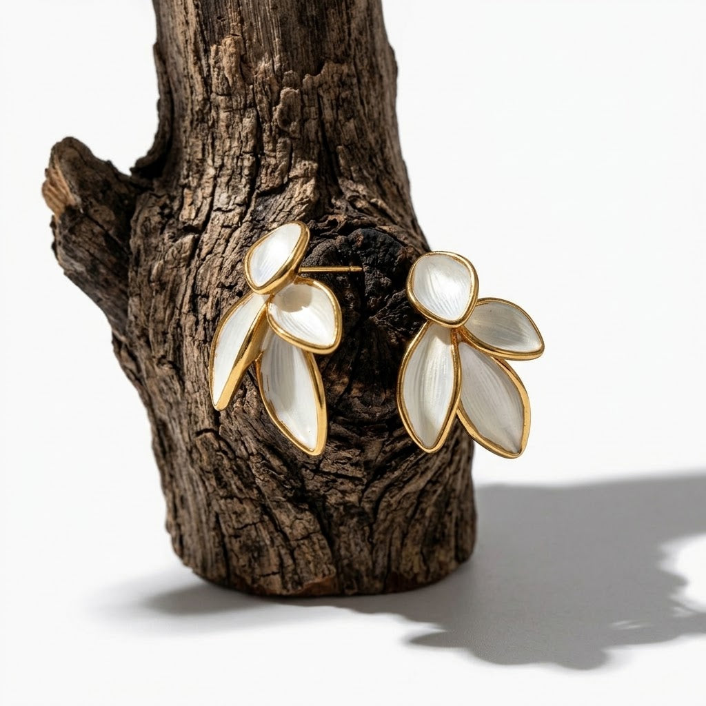 Stainless Steel Sculptural White Enamel Flower Earrings