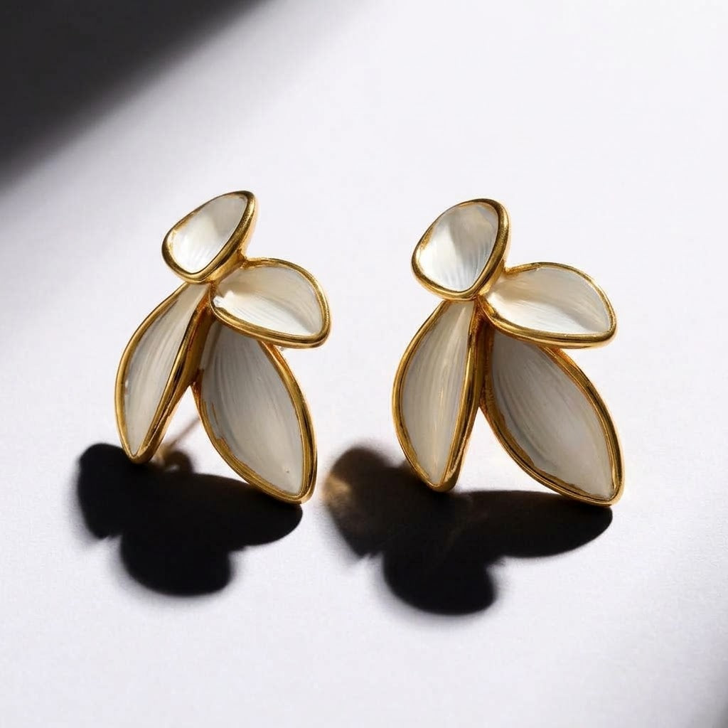 Stainless Steel Sculptural White Enamel Flower Earrings